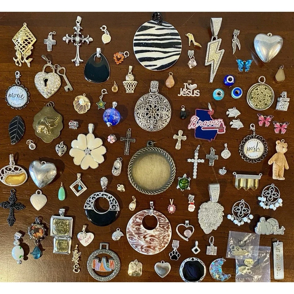 VTG To Modern Pendant Charm Lot - Flower Moon Heart Cross Enamel Rhinestones